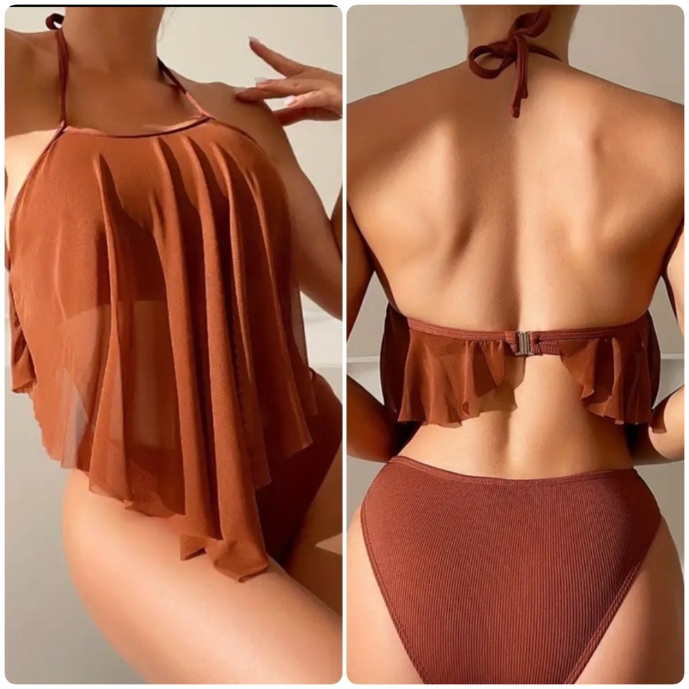 Sheer High Neck Halter Tankini Set